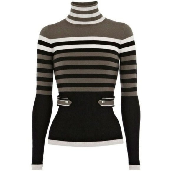 New Karen Millen wool blend stripe epaulette military turtleneck knit sweater